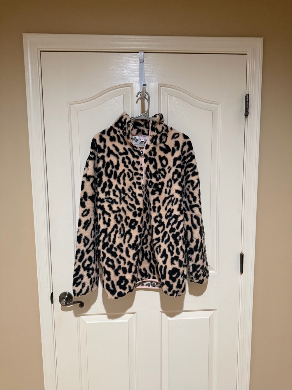 Leopard Print Faux Fur Crew Sweater Jacket in Brown and Black